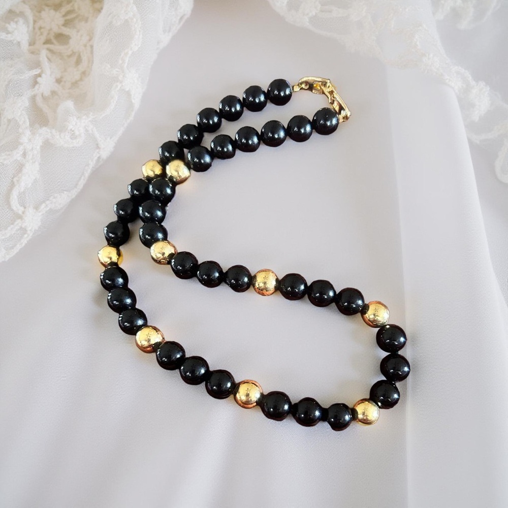 Napier Black & Gold Beaded Necklace Faux Pearl Signed Costume 8" Vintage
